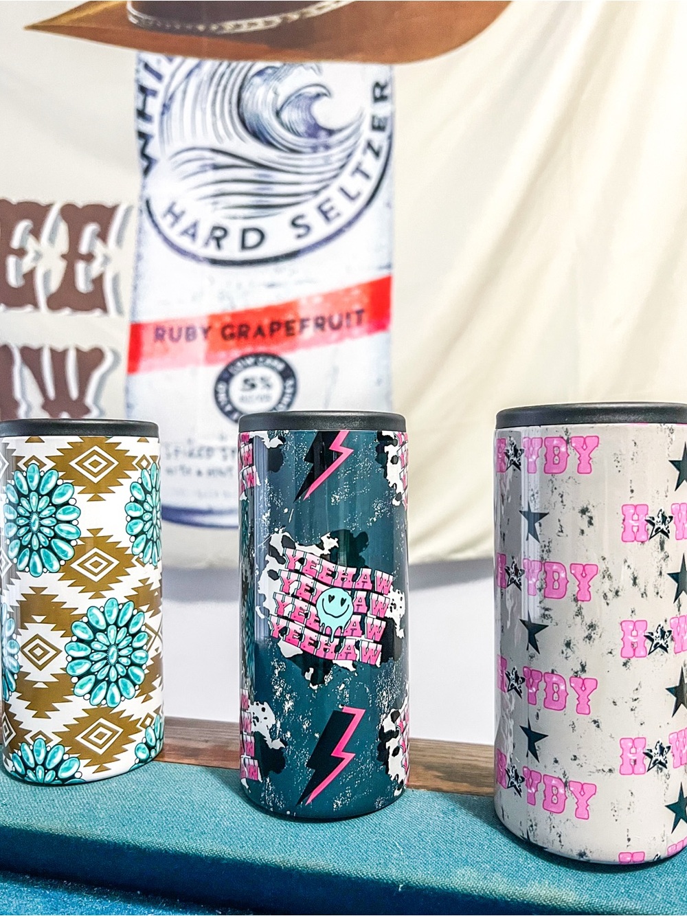 Custom Graphic Skinny Can Cooler - Teal, Pink, White, Black